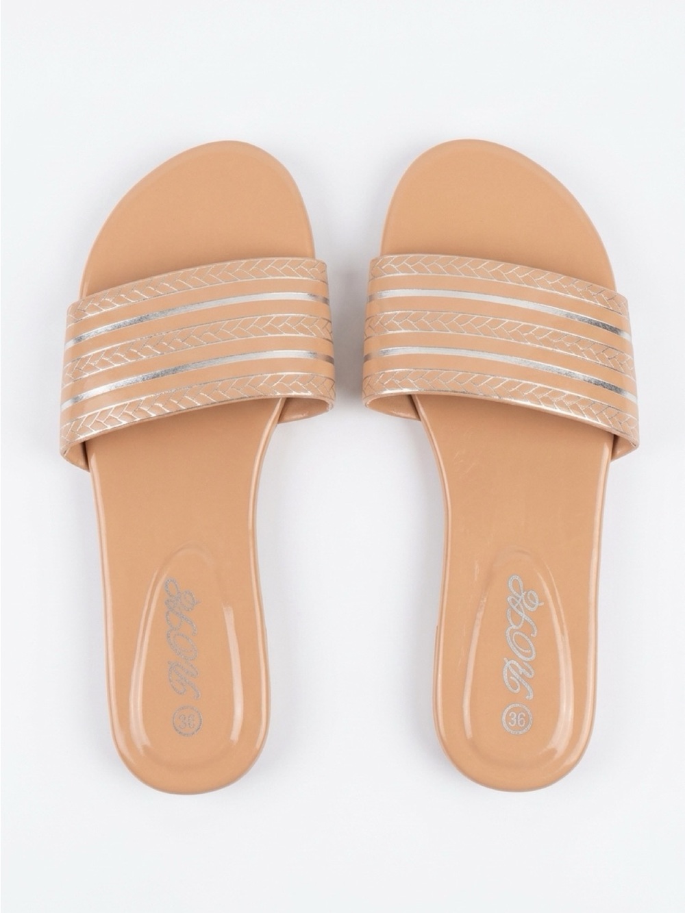 Beige Slide Sandals with Metallic Stripe - Women